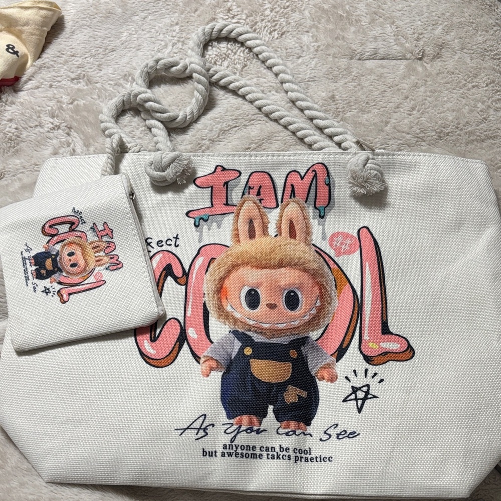 White labubu Tote Bag with Cute Character Design